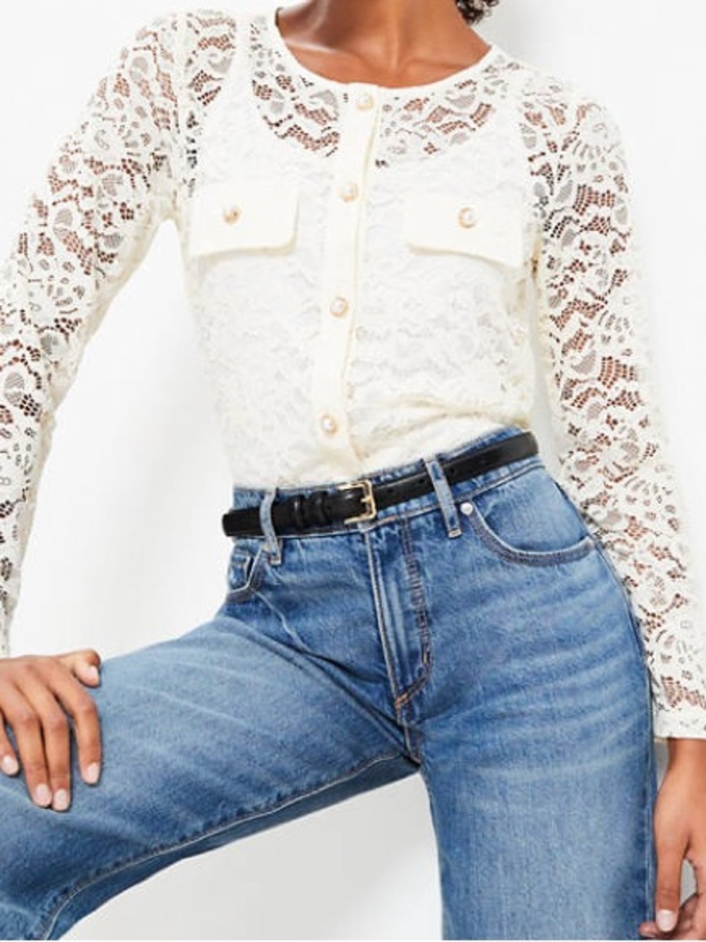 Loft Pearlized Button Lace Long Sleeve Top - Medium